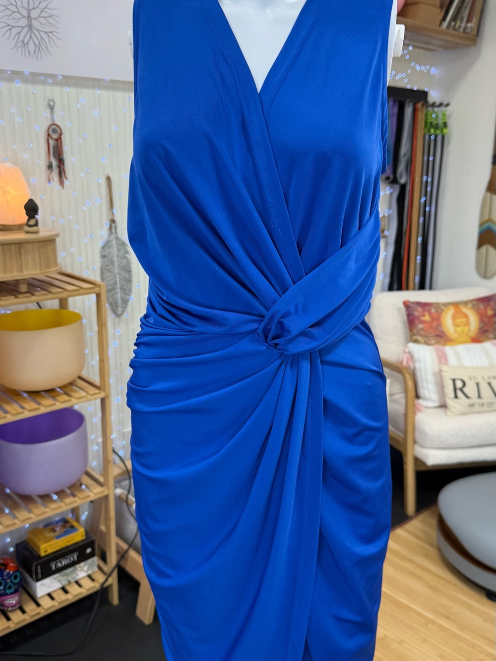 Knot-Front V-Neck Midi Dress in Royal Blue
